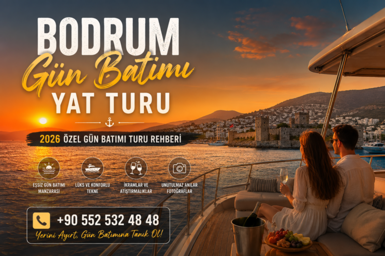 BODRUM GÜN BATIMI YAT TURU Bodrum'da lüks motor yat ile gün batımında düzenlenen özel tur, altın saat manzarası, Bodrum Kalesi, Ege Denizi ve romantik VIP yat deneyimi.