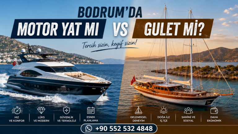Motor Yacht vs Gulet in Bodrum. A luxury motor yacht and a traditional wooden gulet cruising through the turquoise waters of Bodrum, showcasing two different private yacht charter experiences.