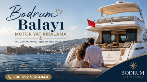 Honeymoon Motor Yacht Charter Bodrum +90 552 532 4848 Luxury private motor yacht cruising through the turquoise bays of Bodrum with a newlywed couple enjoying a romantic sunset. Premium yacht charter experience with stunning coastal views and personalized VIP service by Bodrum Motor Yachts.