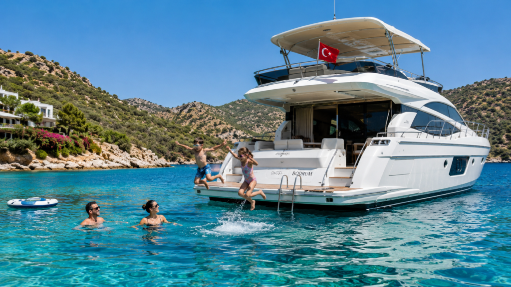 BODRUM'DA ÇOCUKLU AİLE MOTOR YAT KİRALAMA REHBERİ çocuklu aileler için güvenli, konforlu ve lüks motor yat kiralama deneyimini, geniş yaşam alanlarını, gölgeli güverteleri ve Bodrum'un berrak koylarında keyifli bir deniz tatilini gösteren görsel.