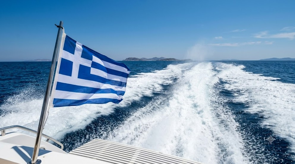 MYKONOS TO SANTORINI VIP SPEEDBOAT TRANSFERS – Luxury private VIP speedboat cruising across the Aegean Sea from Mykonos to Santorini, offering a fast, exclusive, and comfortable island transfer with breathtaking coastal views.