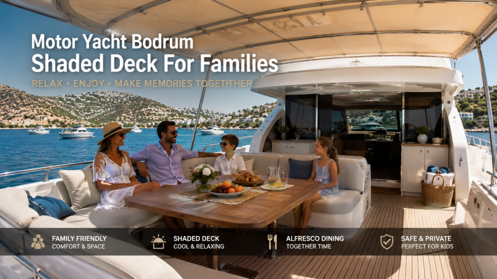Bodrum Motor Yat Gölgeli Güverte geniş gölgelikli oturma alanı, konforlu dış salonu, deniz manzarası ve aileler ile arkadaş grupları için tasarlanmış lüks motor yat yaşam alanını gösteren görsel.