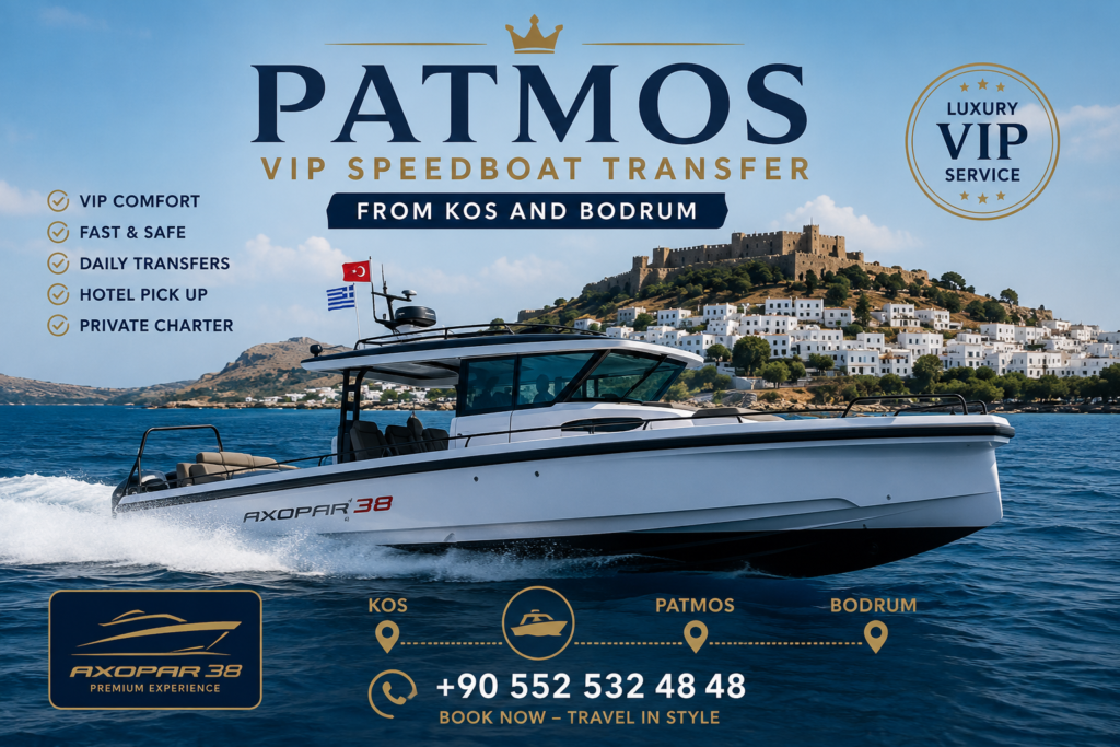 PATMOS VIP HIZLI TEKNE TRANSFERİ KOS VE BODRUM'DAN – Özel Axopar 38 sürat teknesi ile Bodrum ve Kos'tan Patmos Adası'na hızlı, güvenli ve lüks VIP deniz transferi.