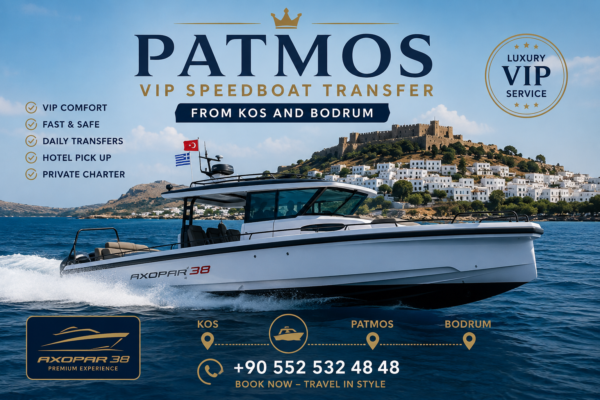 Patmos VIP Speedboat Transfer from Kos and Bodrum with a private luxury speedboat crossing the Aegean Sea to Patmos Island