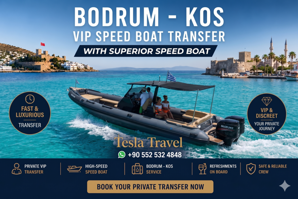 Tesla Travel Bodrum-Kos RIB Bot Transferi hizmeti için Bodrum ve Kos arasında kullanılan modern çift motorlu lüks VIP sürat RIB botu.