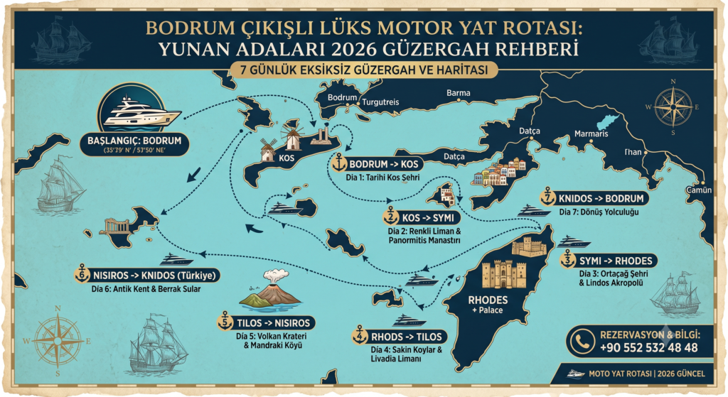 Tesla Travel Luxury Motor Yacht Itinerary Bodrum featuring exclusive private yacht routes from Bodrum to the Greek Islands, luxury cruising, crystal-clear bays, and VIP yacht charter experiences.