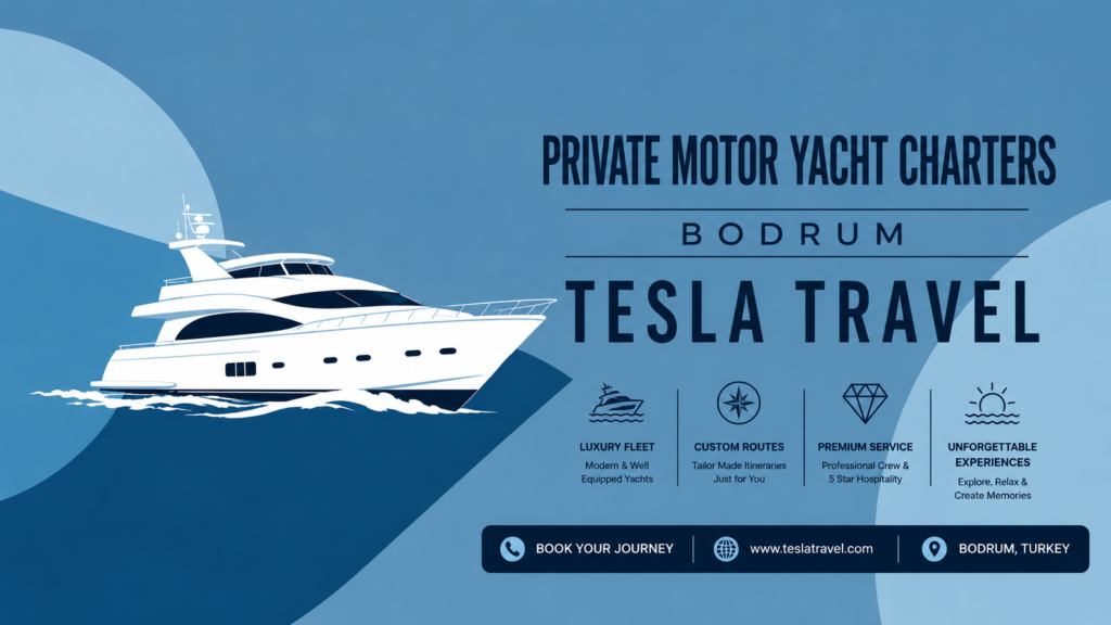 Tesla Travel Motor Yacht – Luxury motor yacht by Tesla Travel cruising in the turquoise waters of Bodrum, offering an exclusive VIP yacht charter experience with premium comfort and stunning coastal views.