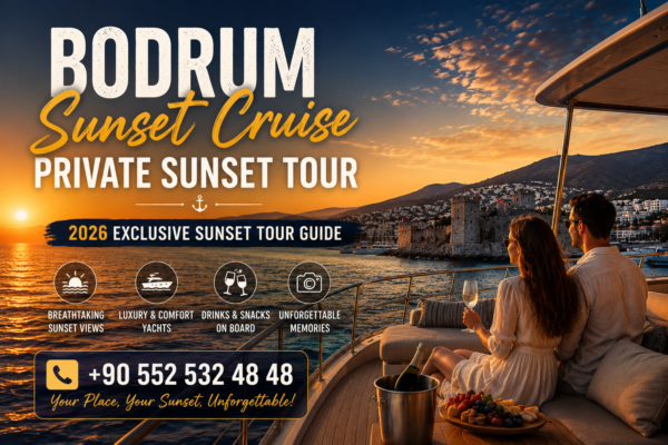 Tesla Travel SUNSET YACHT CHARTER BODRUM luxury private sunset yacht charter in Bodrum with breathtaking Aegean Sea views, Bodrum Castle, VIP crew service and an unforgettable golden hour cruise.