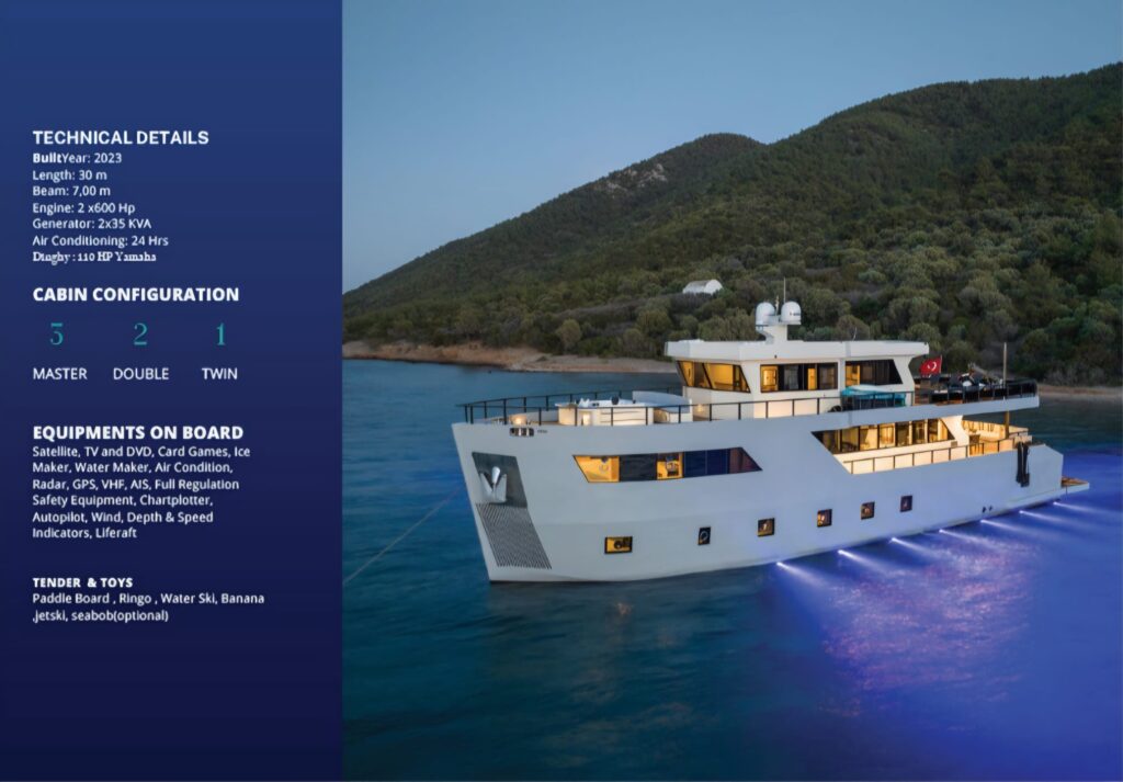 35 Metre Uzunluğunda Lüks Motoryat ile Bodrum'un eşsiz koylarında VIP günlük yat kiralama deneyimi, geniş yaşam alanları, profesyonel mürettebat ve üstün konfor.